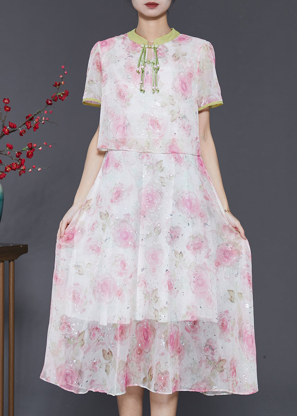 Pink Tasseled Patchwork Print Silk Dress Summer