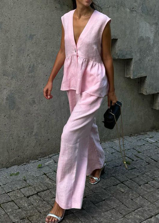 Pink V Neck Button Waistcoat and Pants Cotton Two Piece Set Sleeveless