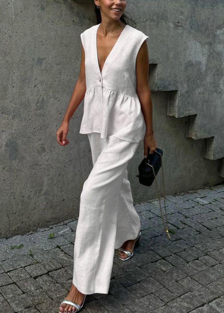 Pink V Neck Button Waistcoat and Pants Cotton Two Piece Set Sleeveless
