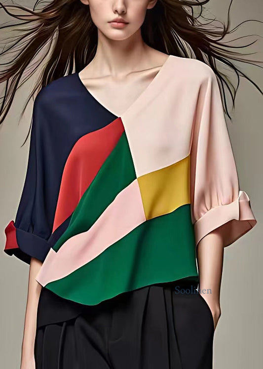 Pink V Neck Chiffon Tops Half Sleeve
