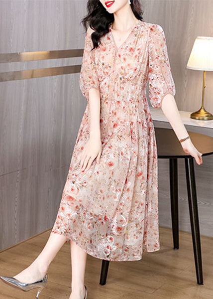 Pink V Neck Embroidered Wrinkled Silk Dress Summer
