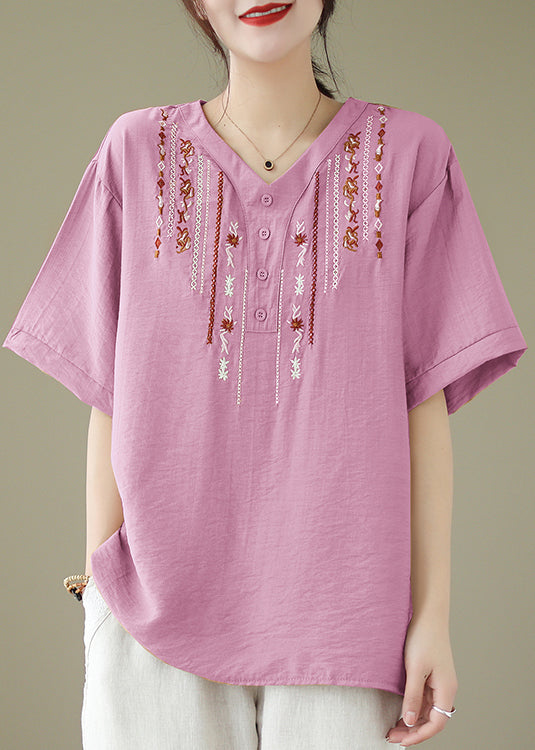 Pink V Neck Embroideried Cotton Tops Summer