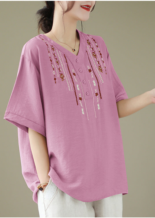 Pink V Neck Embroideried Cotton Tops Summer