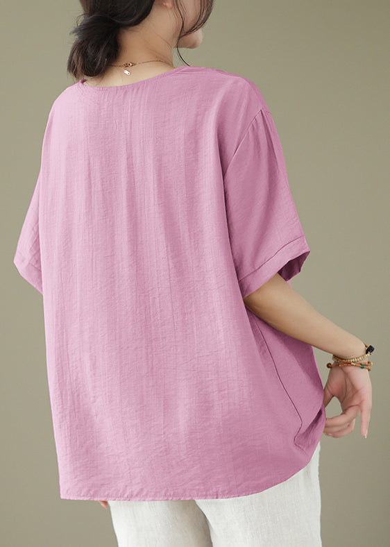 Pink V Neck Embroideried Cotton Tops Summer