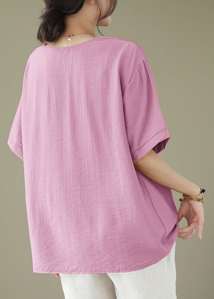 Pink V Neck Embroideried Cotton Tops Summer