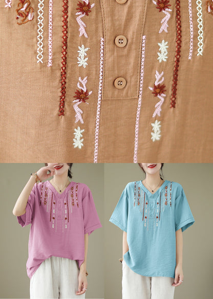 Pink V Neck Embroideried Cotton Tops Summer