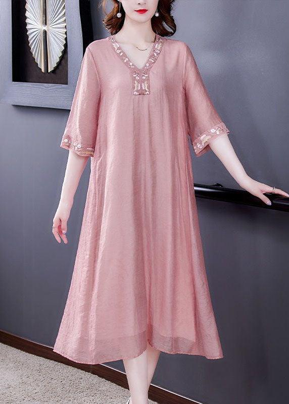 Pink V Neck Embroideried Cotton Vacation Dresses Summer