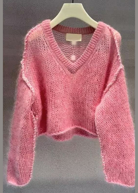 Pink V Neck Hollow Out Cotton Knit Sweaters Fall