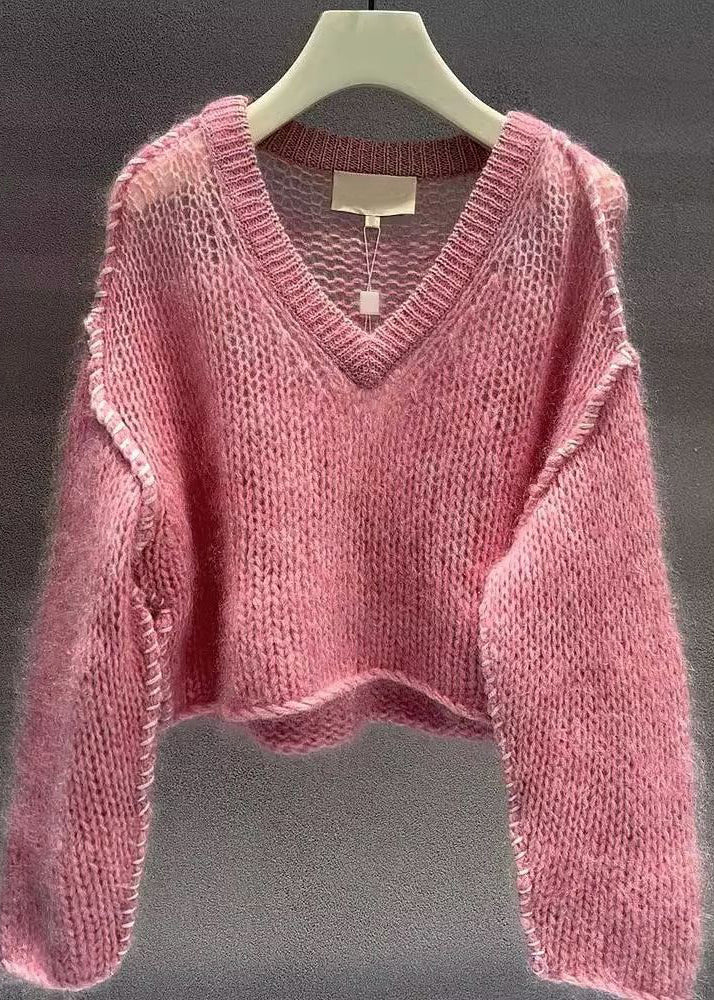 Pink V Neck Hollow Out Cotton Knit Sweaters Fall