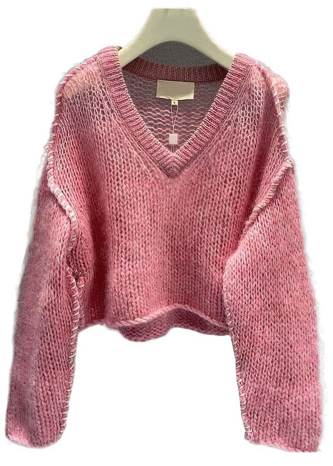 Pink V Neck Hollow Out Cotton Knit Sweaters Fall