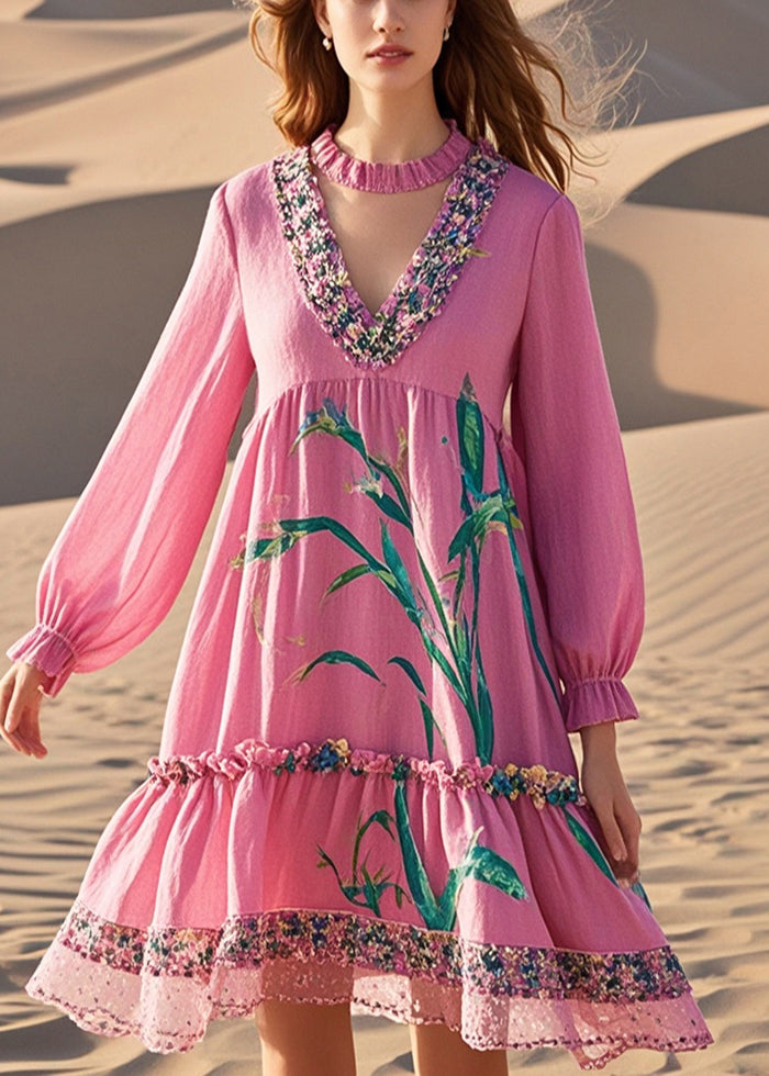 Pink V Neck Patchwork Print Cotton Day Dress Spring