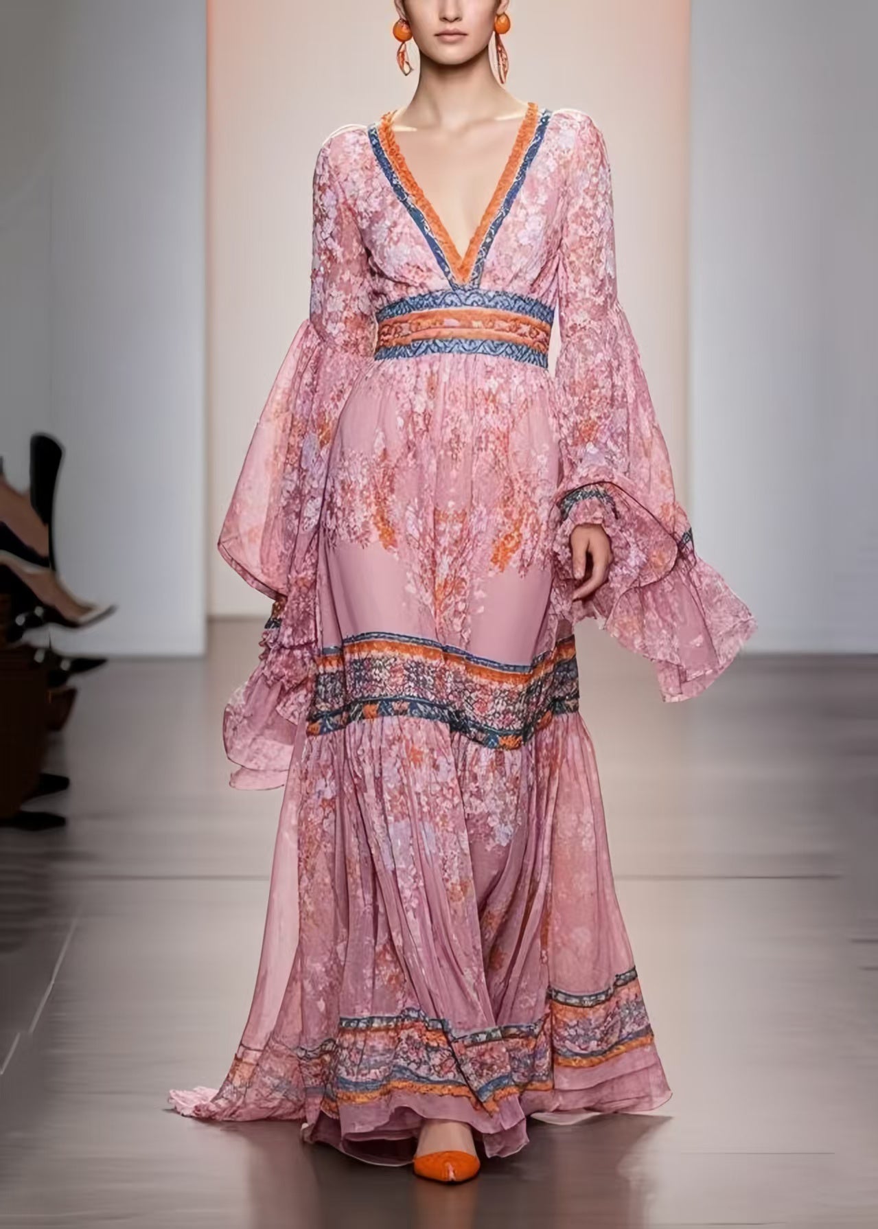 Pink V Neck Print Chiffon Holiday Dress Spring