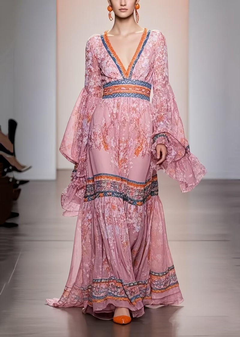 Pink V Neck Print Chiffon Holiday Dress Spring