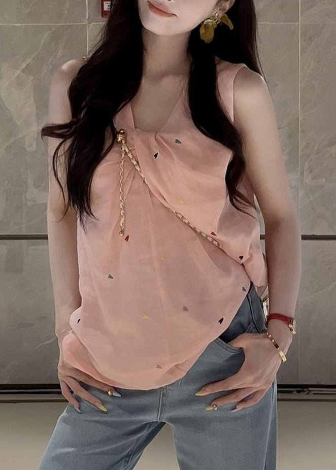 Pink V Neck Print Cotton Shirt Sleeveless
