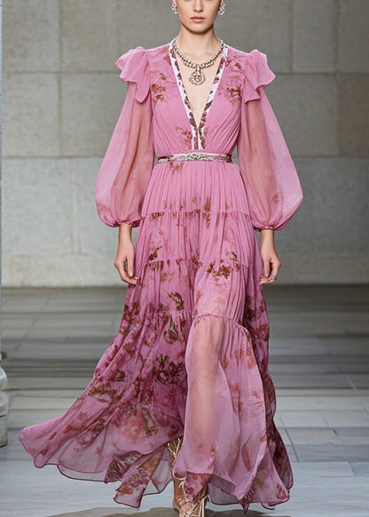 Pink V Neck Print Exra Large Hem Chiffon Party Dresses Fall