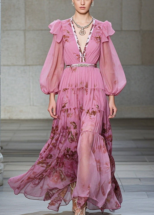 Pink V Neck Print Exra Large Hem Chiffon Party Dresses Fall