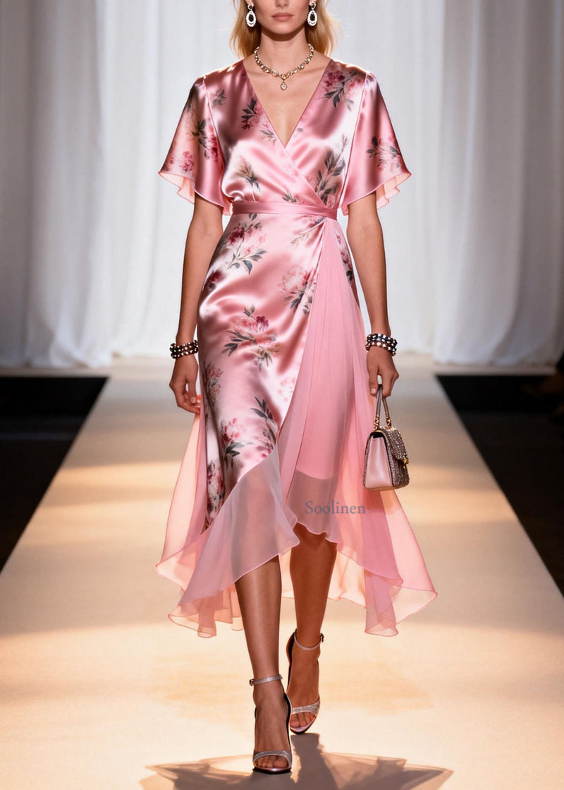 Pink V Neck Print Patchwork Silk Dresses Summer