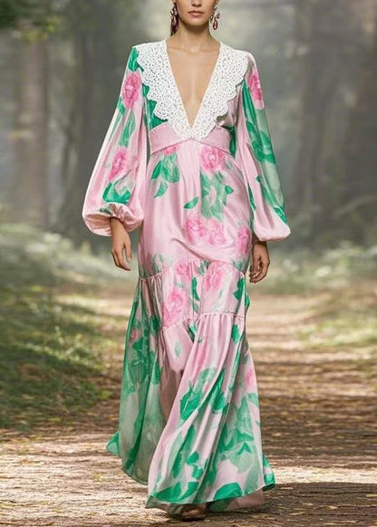 Pink V Neck Print Patchwork Silk Long Dress Lantern Sleeve