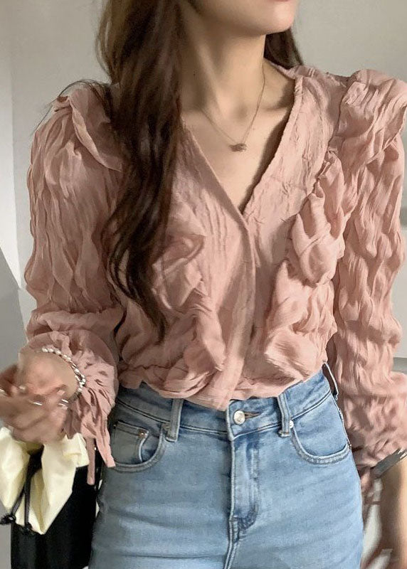 Pink V Neck Ruffled Patchwork Chiffon Blouses Spring