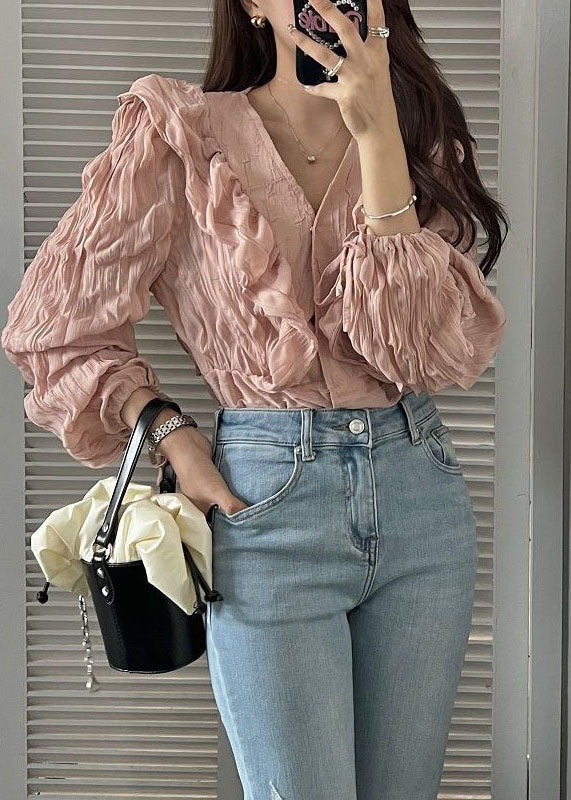 Pink V Neck Ruffled Patchwork Chiffon Blouses Spring
