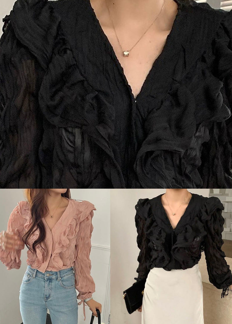 Pink V Neck Ruffled Patchwork Chiffon Blouses Spring