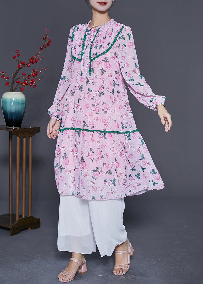 Pink Wrinkled Patchwork Print Chiffon Beach Dress Summer