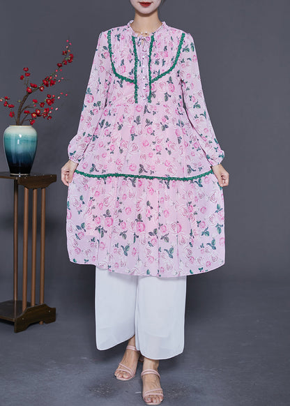 Pink Wrinkled Patchwork Print Chiffon Beach Dress Summer