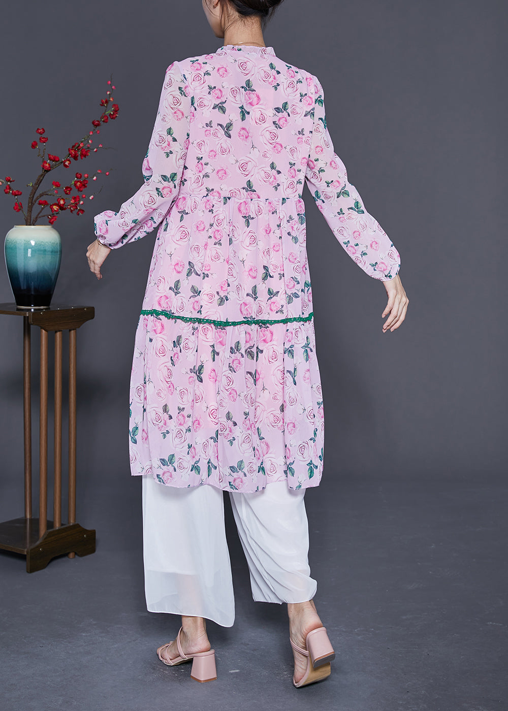 Pink Wrinkled Patchwork Print Chiffon Beach Dress Summer