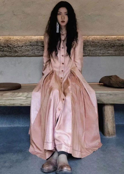 Pink Wrinkled Pockets Cotton Shirts Long Dresses Fall
