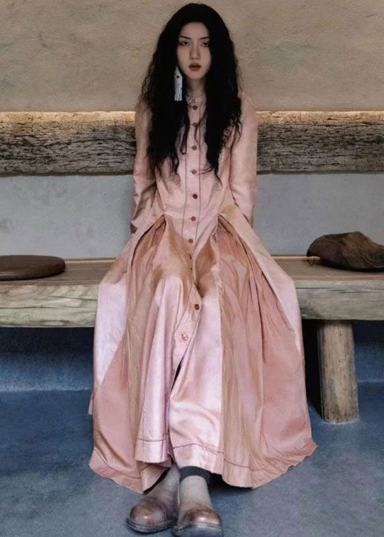 Pink Wrinkled Pockets Cotton Shirts Long Dresses Fall