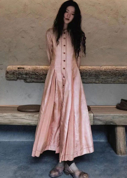 Pink Wrinkled Pockets Cotton Shirts Long Dresses Fall