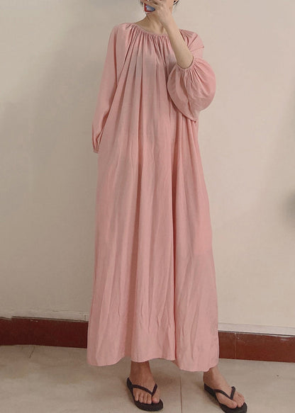 Pink Wrinkled Pockets Maxi Dress Long Sleeve
