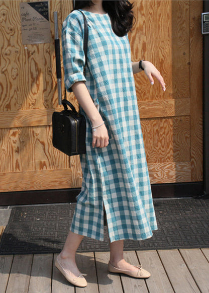 Plaid O-neck Pockets Side Open Dress Long Sleeve