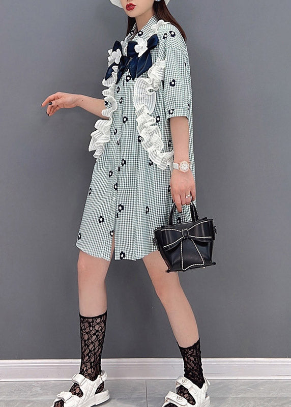 Plaid Peter Pan Collar Button Lace Patchwork Shirt Half Sleeve