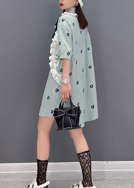 Plaid Peter Pan Collar Button Lace Patchwork Shirt Half Sleeve