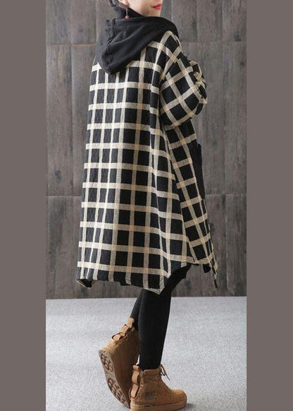 Plaid Pockets Button Fall Thick Hoodies Outwear Long Sleeve