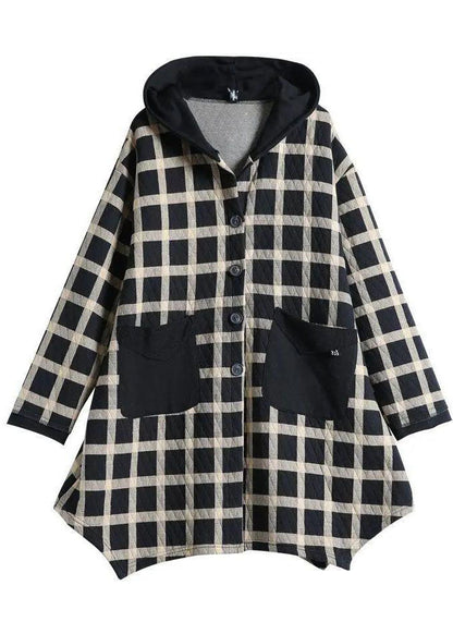 Plaid Pockets Button Fall Thick Hoodies Outwear Long Sleeve