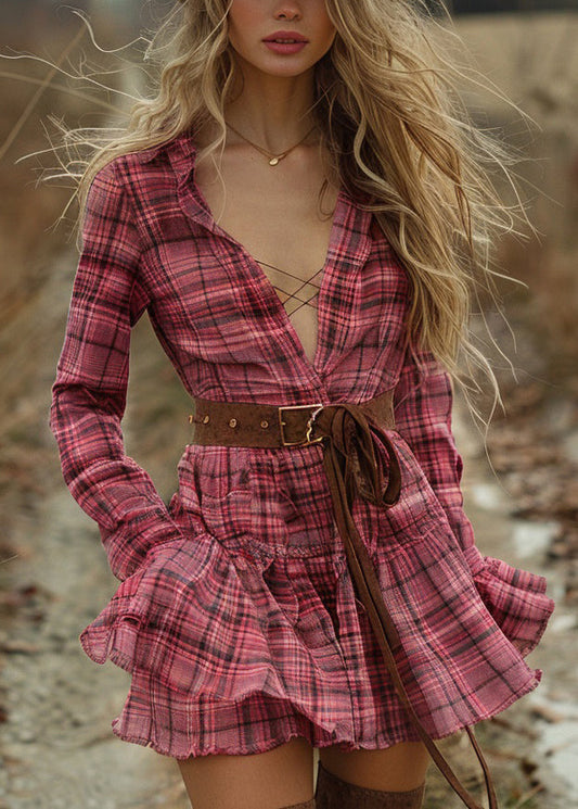 Plaid Ruffled Pastoral Style Long Sleeve Mini Dress