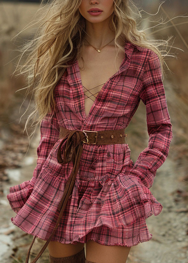 Plaid Ruffled Pastoral Style Long Sleeve Mini Dress