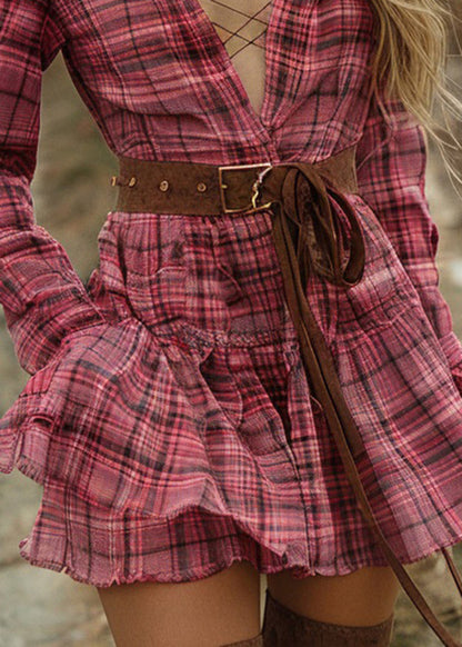 Plaid Ruffled Pastoral Style Long Sleeve Mini Dress