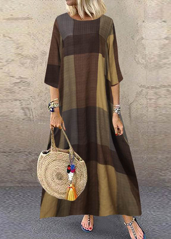 Plaid Short Sleeve Crew Neck Side Pocket Baggy Long Maxi Dress Wine Red