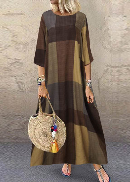 Plaid Short Sleeve Crew Neck Side Pocket Baggy Long Maxi Dress Wine Red