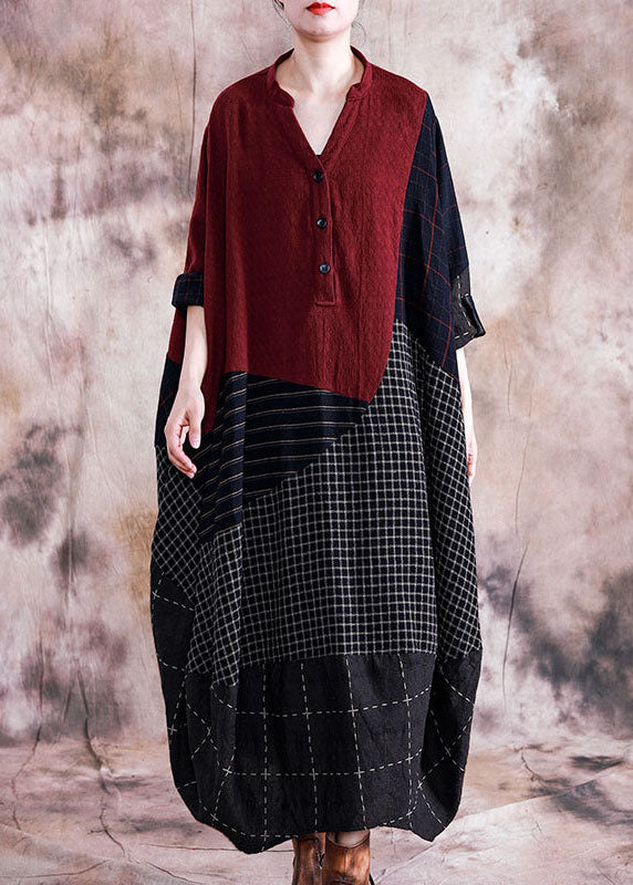 Plaid Stripe Patchwork V-neck Half Button Front Maxi Dresses