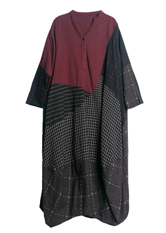 Plaid Stripe Patchwork V-neck Half Button Front Maxi Dresses