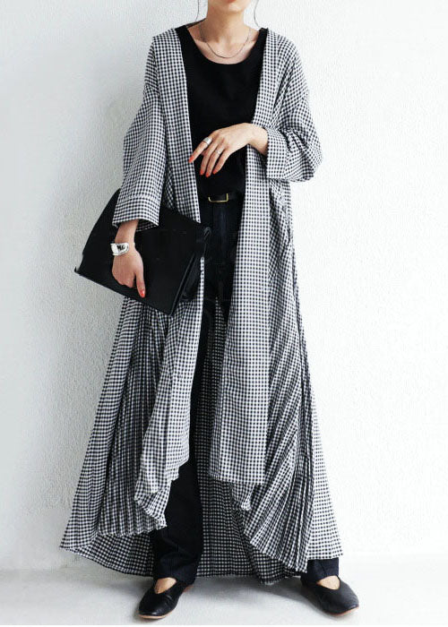 Plaid V Neck Wrinkled Patchwork Cotton Loose Cardigans Spring