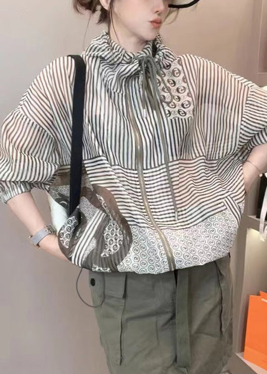 Hooded Drawstring Striped Jackets Summer