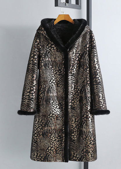 Print Button Mink Velvet Leather and Fur Hooded Coats Winter