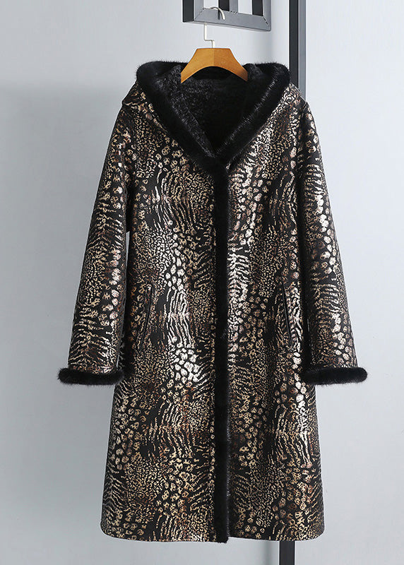 Print Button Mink Velvet Leather and Fur Hooded Coats Winter