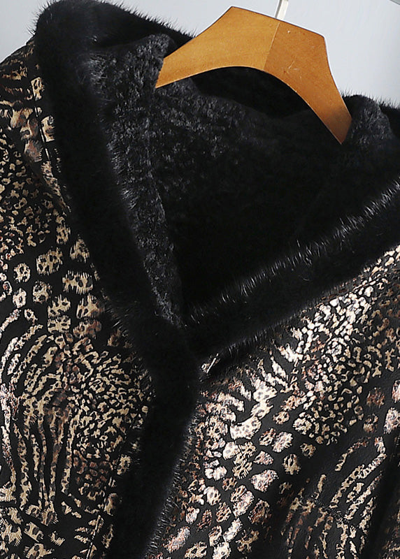 Print Button Mink Velvet Leather and Fur Hooded Coats Winter