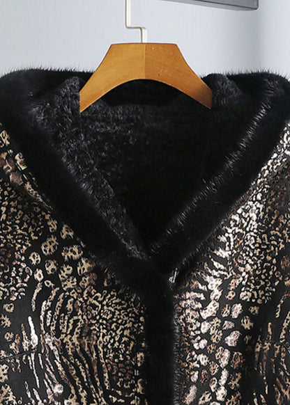 Print Button Mink Velvet Leather and Fur Hooded Coats Winter